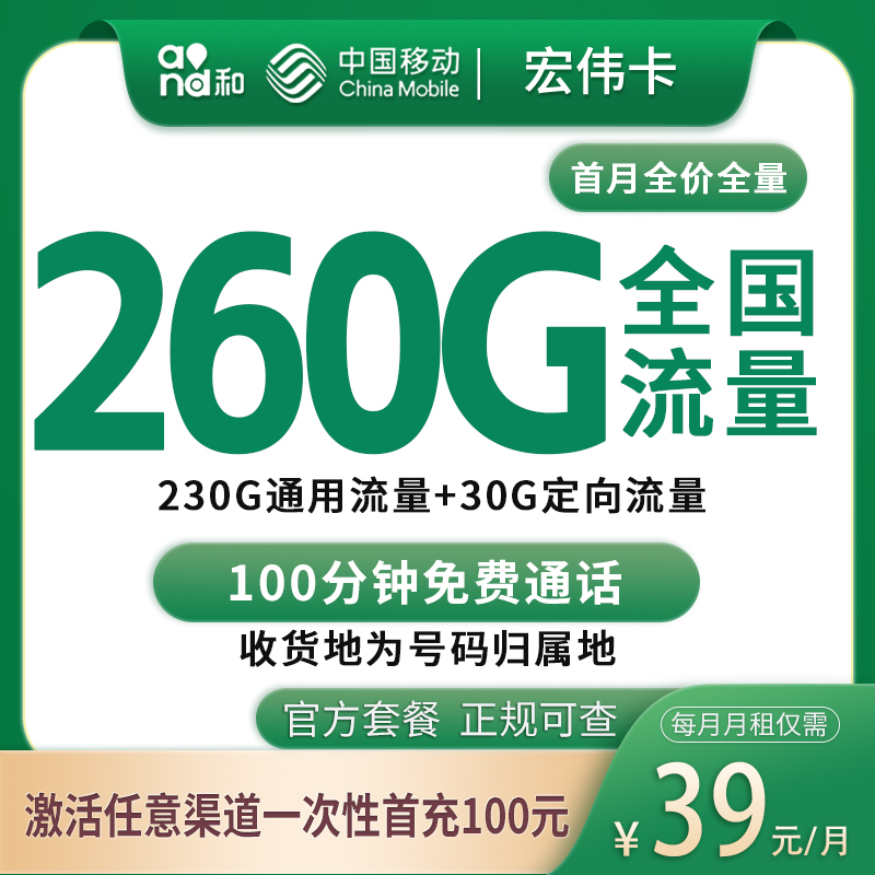移动宏伟卡39元260G+100分钟【只发东莞】