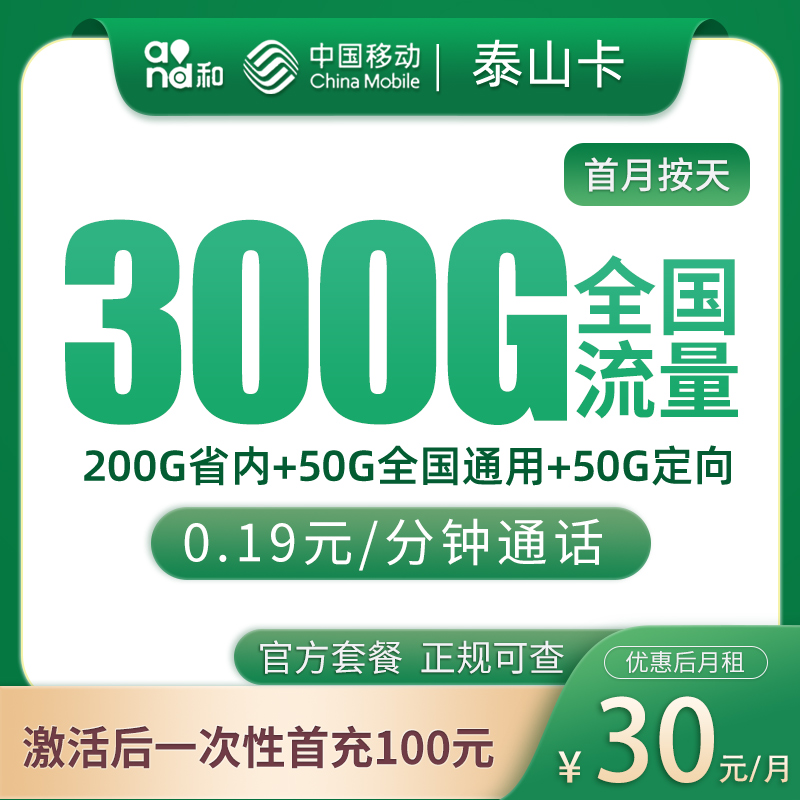 G2移动泰山卡30元300G【只发山东】