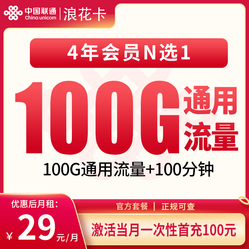 联通浪花卡29元100G+100分钟【只发海南】