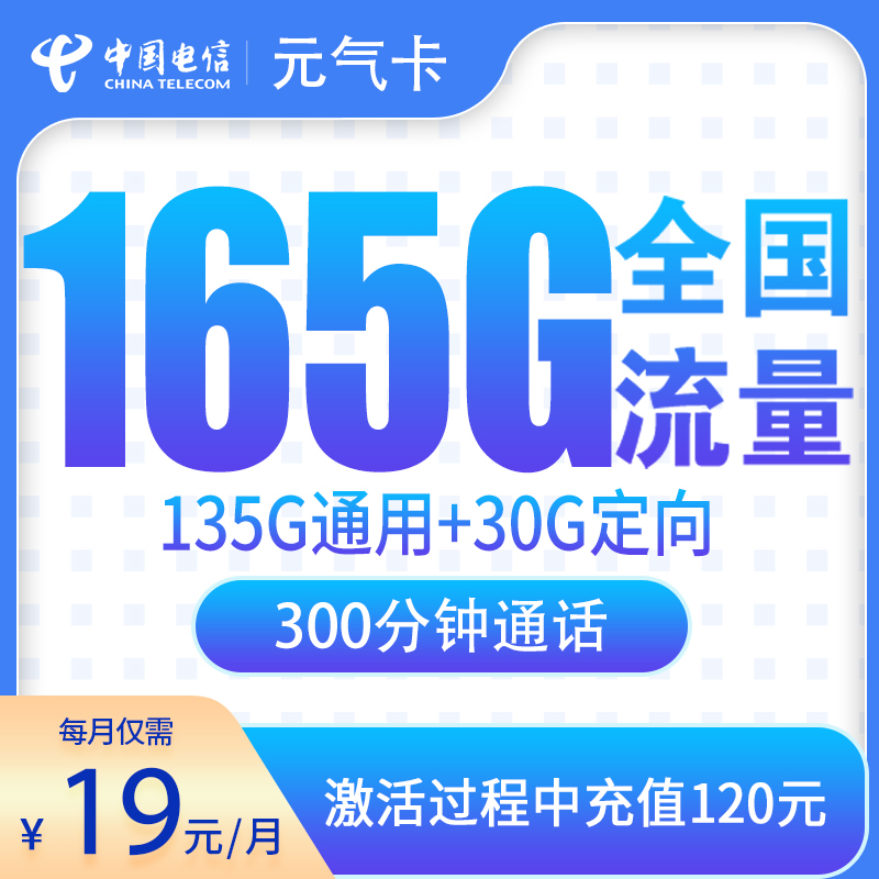 电信元气卡19元165G+300分钟【只发浙江】