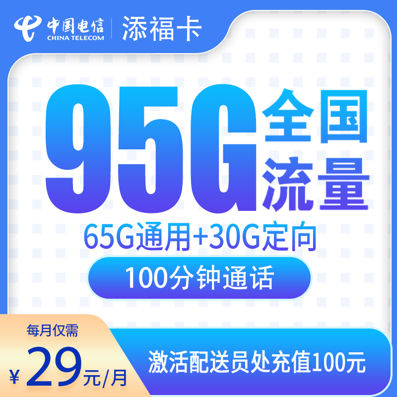 电信添福卡29元95G+100分钟【只发辽宁7市】