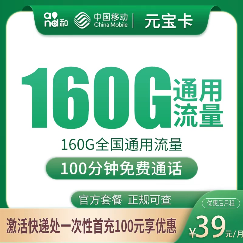 移动元宝卡39元160G+100分钟【只发安徽合肥】