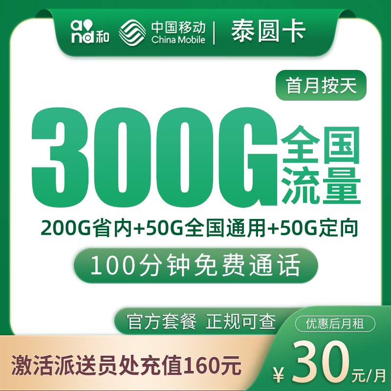 G1移动泰圆卡30元300G+100分钟【只发山东】